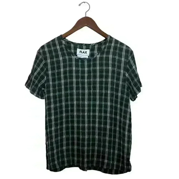 FLAX Green ShortSleeve Shirt Top Viscose Rayon Pullover Size P Plaid - Picture 1 of 11